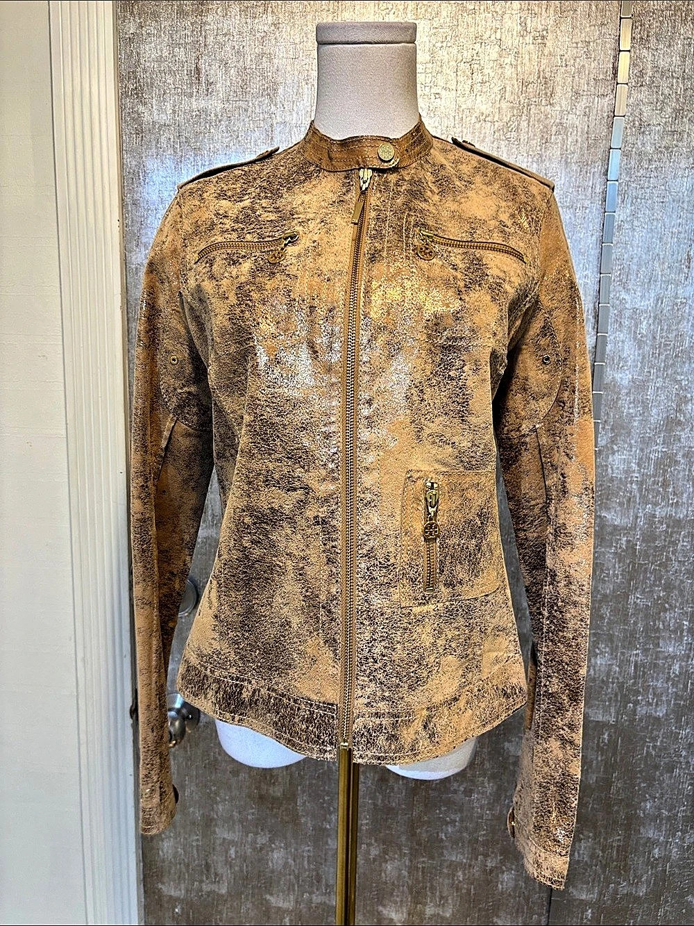 Tory Burch Leather Moto Jacket in Brown/gold, US8